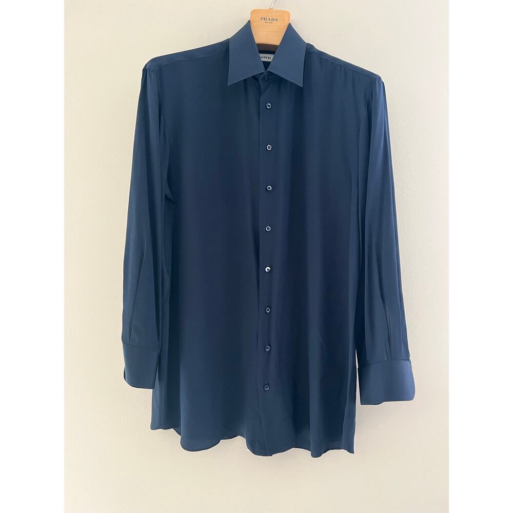 Gerlin Made in Italy 100% Silk Navy Blue Men's Button Down Dress Shirt 15 1/2 JP
